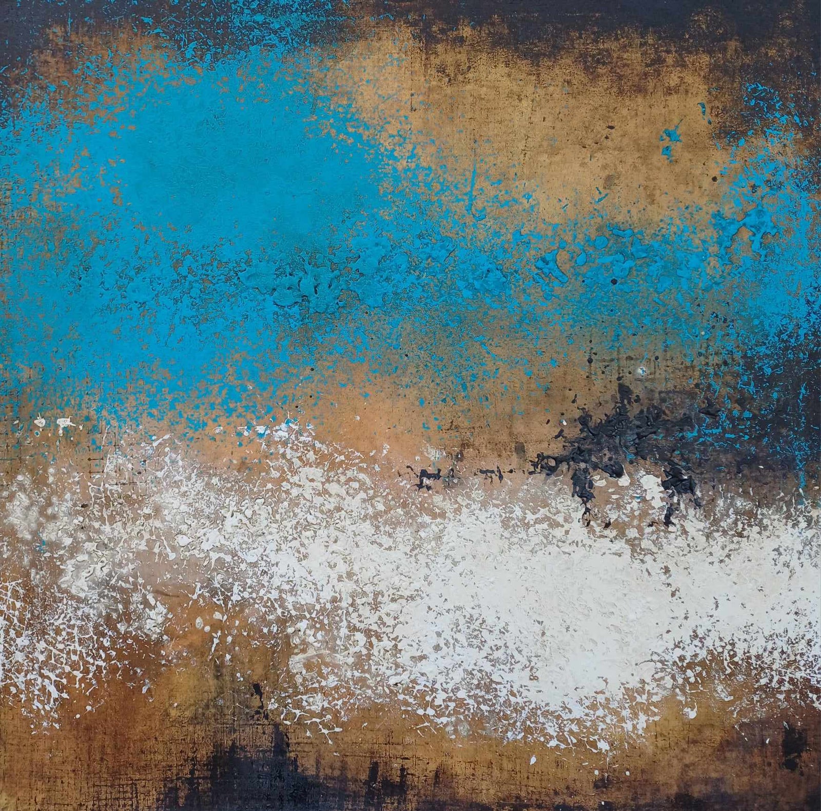 Abstract schilderij in blauw, goud en bruin