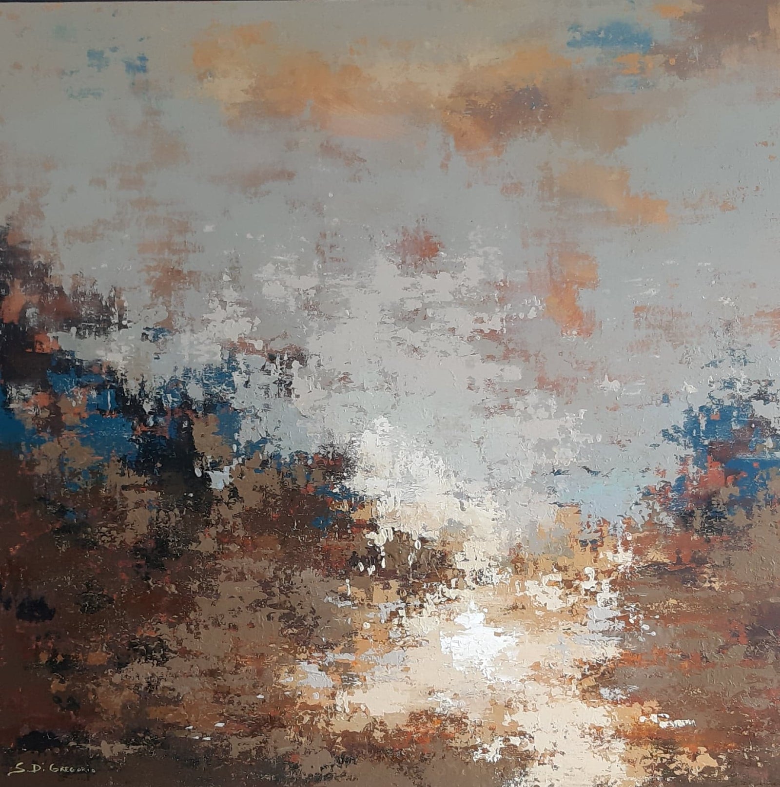 Atmosferisch schilderij in blauw, beige en bruin