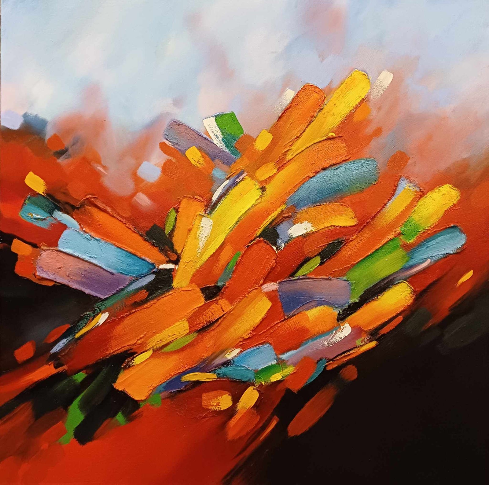 Expressief abstract schilderij in oranje, rood en geel