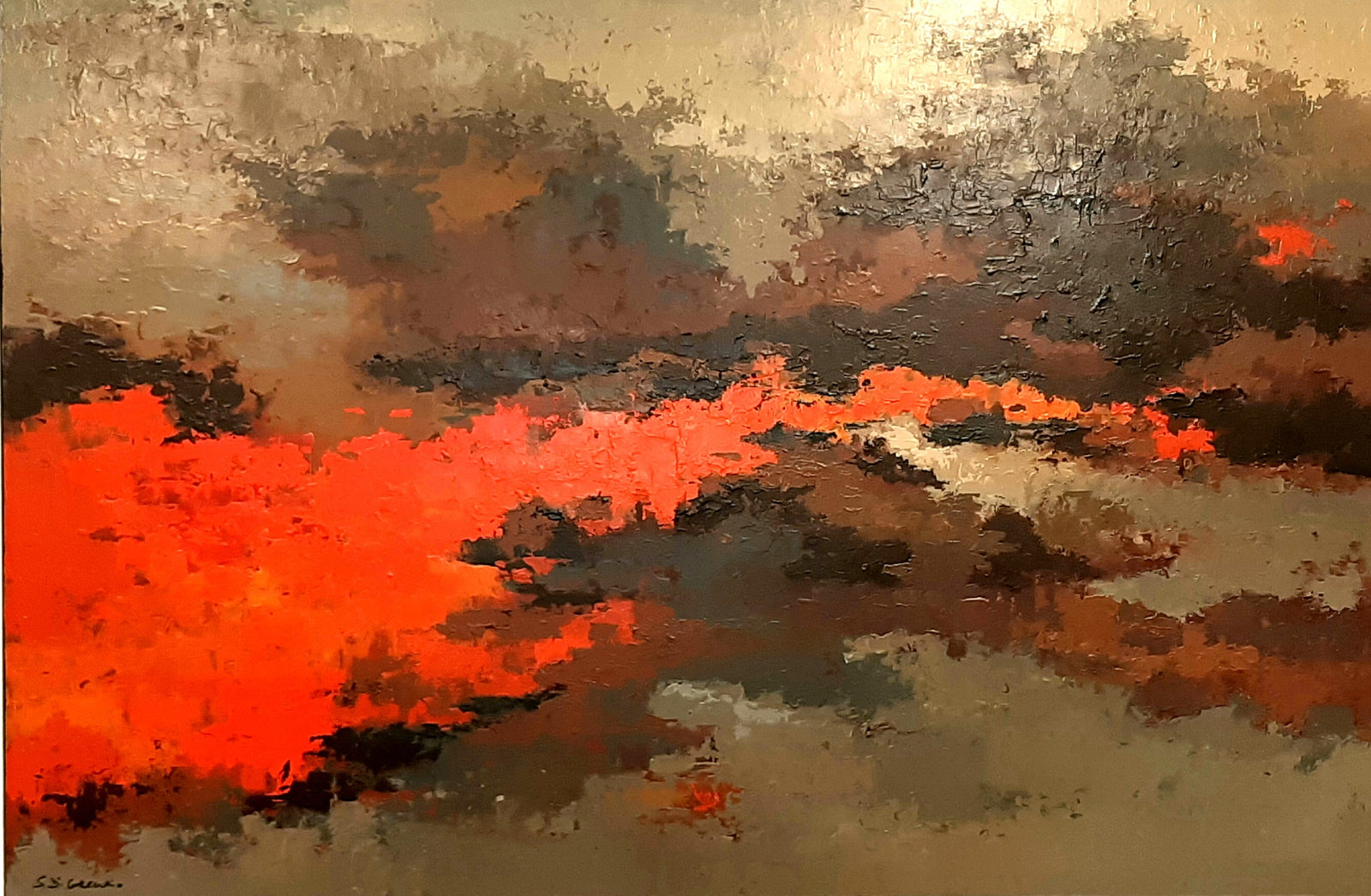 Abstract landschap in terracotta rood en grijstinten